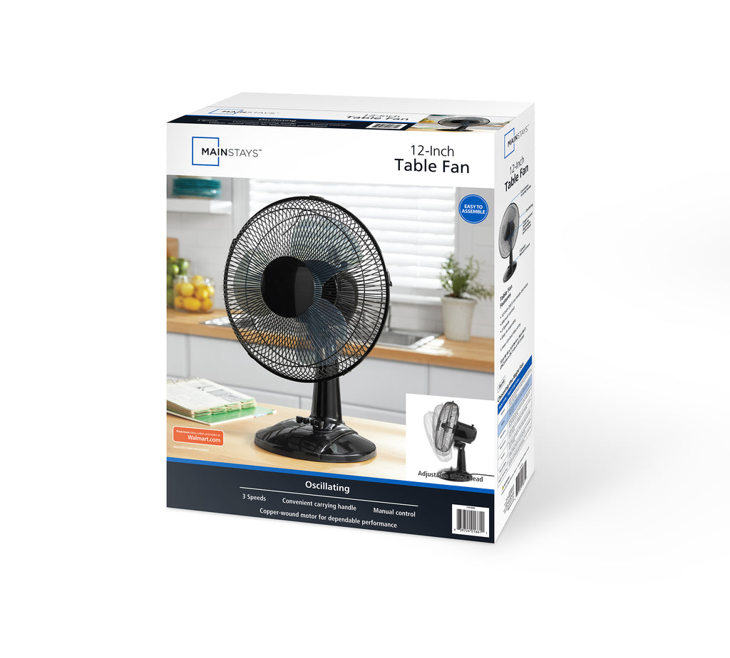 12" 3-Speed Oscillating Table Fan, Black